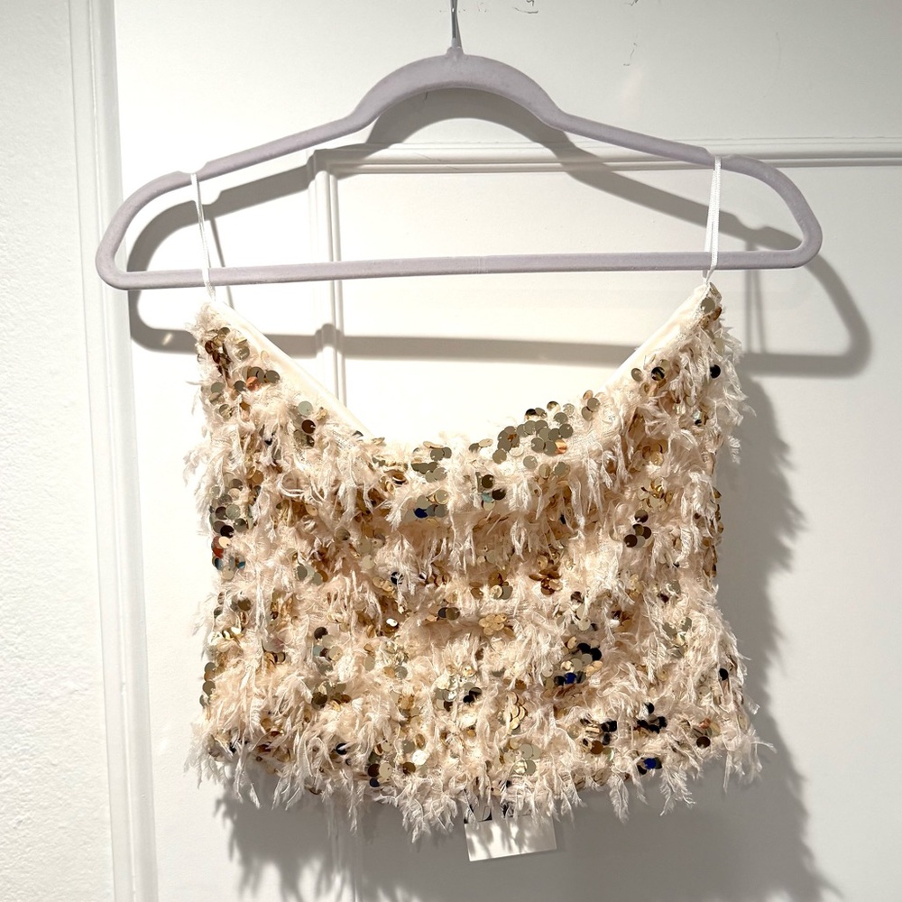 Zara Ecru Frayed Sequin Top